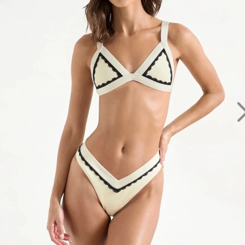 NWT OneOne Swimwear Bikini Set Holbox Cream Pearl Black Lace Jesse Kameron NEW